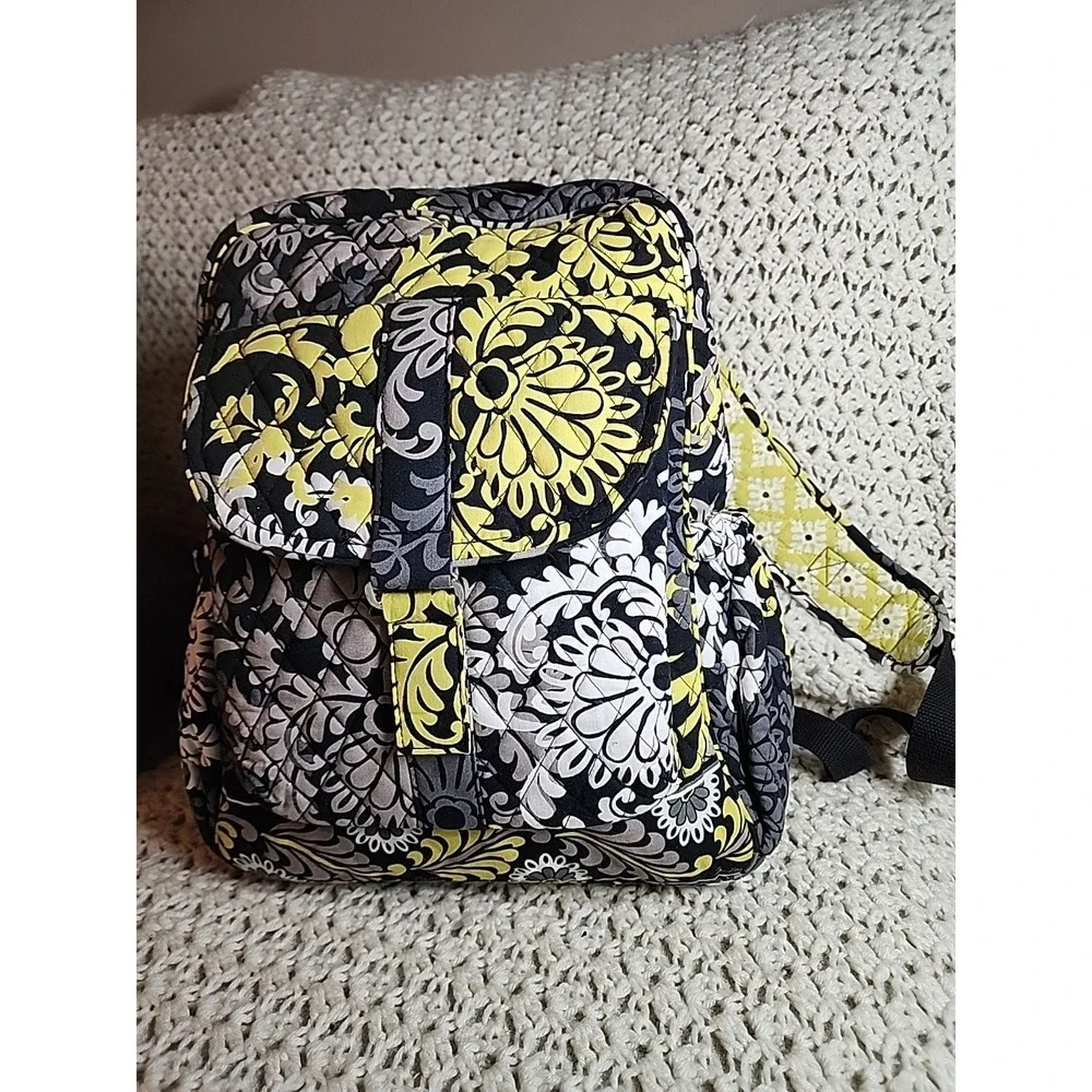 Vera Bradley Backpack Bag Baroque Yellow Black Floral Quilted Pockets Top Handle